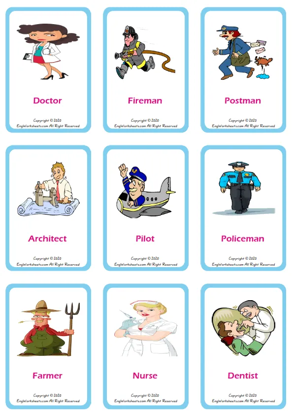 Jobs Occupations vocabulary worksheet with words, nine images per page