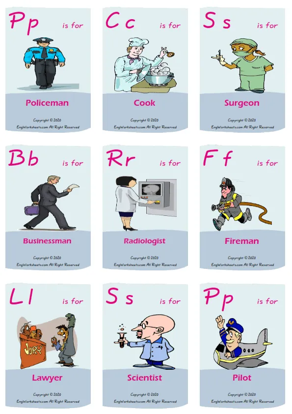 Jobs Occupations vocabulary worksheet with words, nine images per page Worksheet Preview