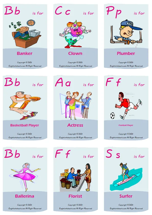 Jobs Occupations vocabulary worksheet with words, nine images per page Worksheet Preview