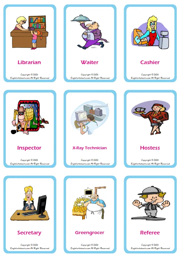 Jobs Occupations vocabulary worksheet with words, nine images per page