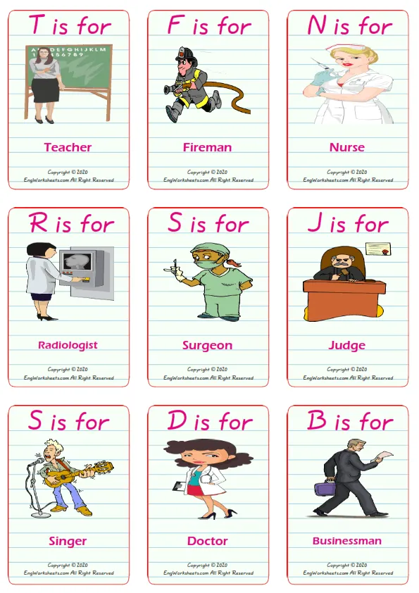Jobs Occupations vocabulary worksheet with words, nine images per page