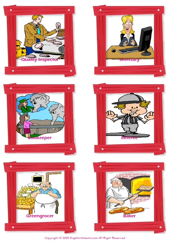 Jobs Occupations vocabulary worksheet with words, six images per page