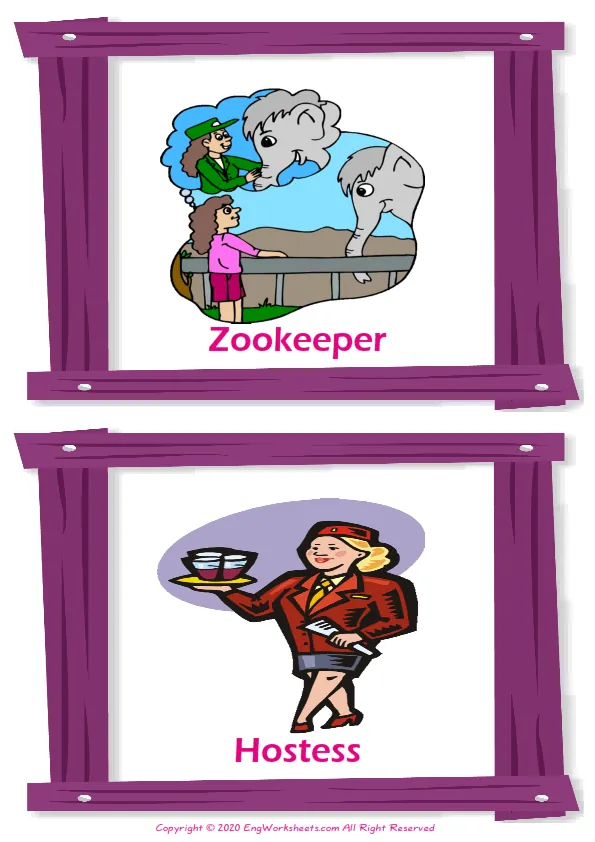 Jobs Occupations vocabulary worksheet with words, two images per page