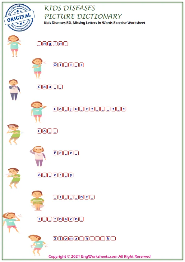Kids Diseases ESL Missing Letters In Words Exercise Worksheet