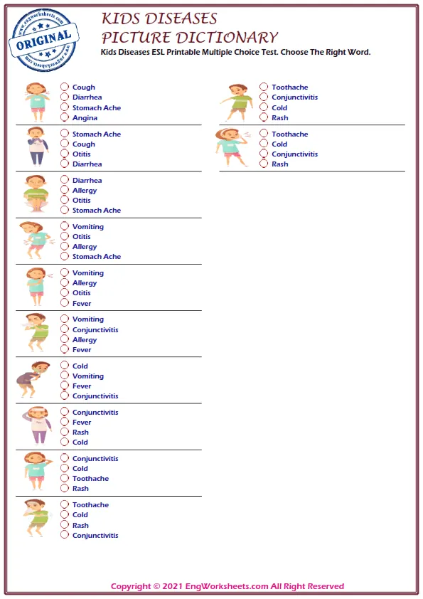 Kids Diseases ESL Printable Multiple Choice Test. Choose The Right Word. Worksheet Preview