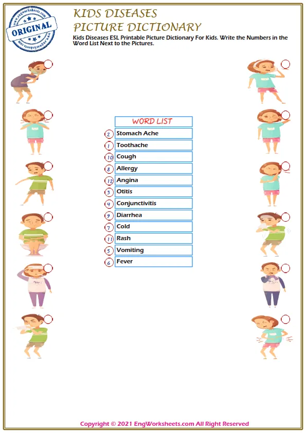 Kids Diseases ESL Printable Picture Dictionary For Kids. Write the Numbers in the Word List Next to the Pictures.