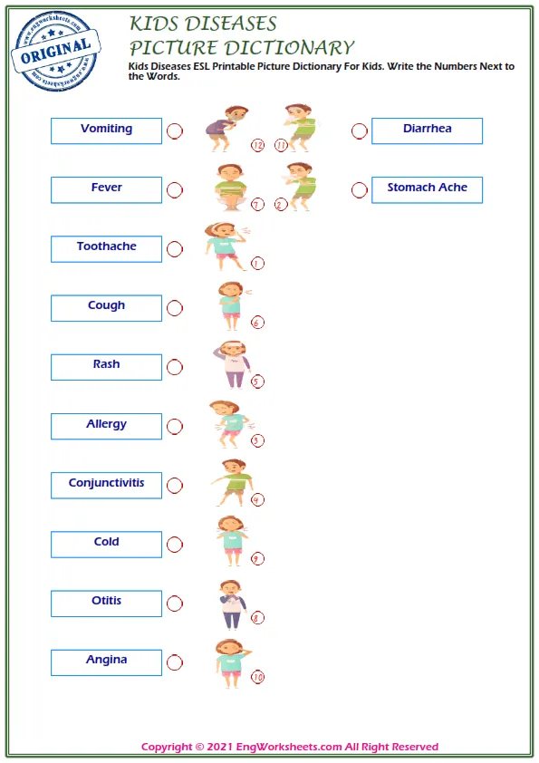 Kids Diseases ESL Printable Picture Dictionary For Kids. Write the Numbers Next to the Words.