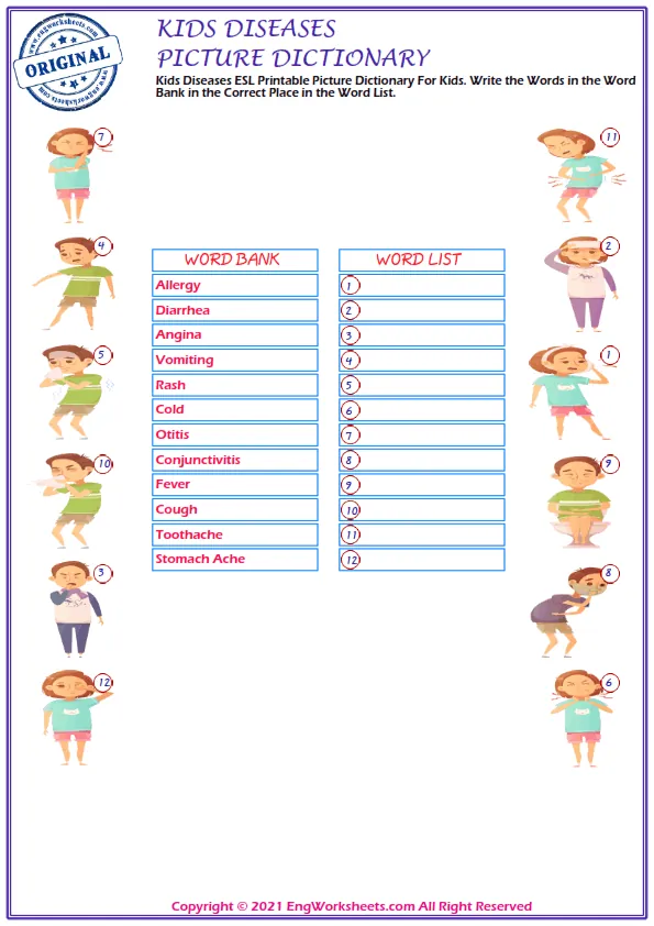 Kids Diseases ESL Printable Picture Dictionary For Kids. Write the Words in the Word Bank in the Correct Place in the Word List. Worksheet Preview