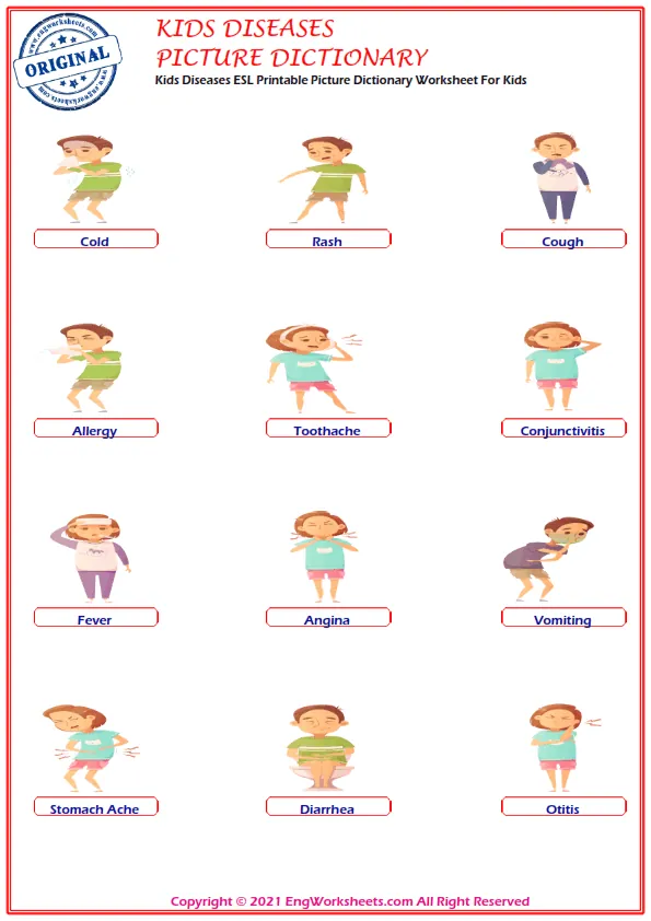 Kids Diseases ESL Printable Picture Dictionary Worksheet For Kids