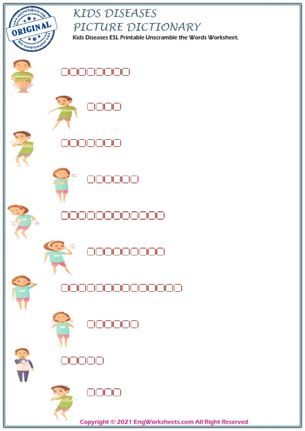 Kids Diseases ESL Printable Unscramble the Words Worksheet.