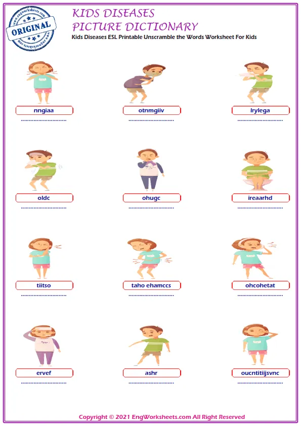 Kids Diseases ESL Printable Unscramble the Words Worksheet For Kids