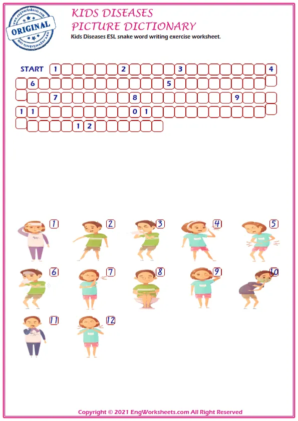 Kids Diseases ESL snake word writing exercise worksheet. Worksheet Preview