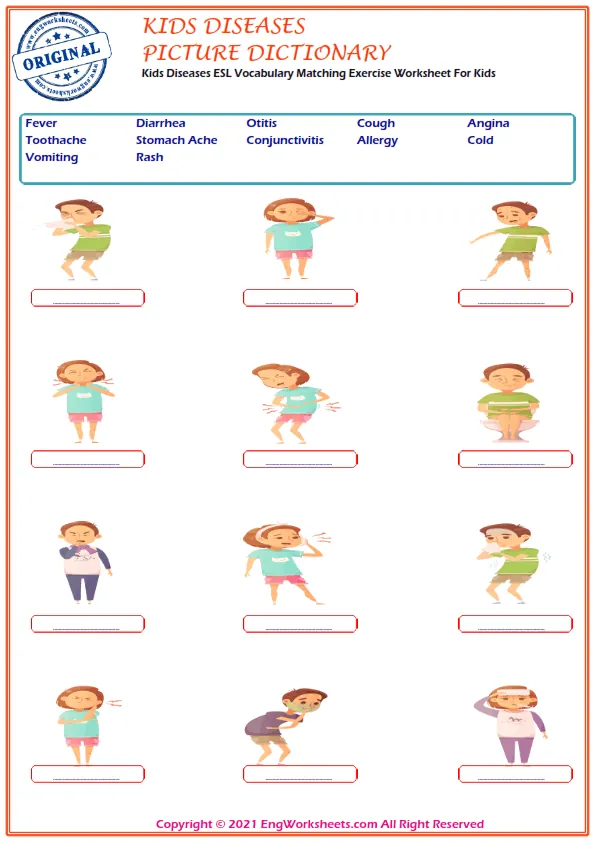 Kids Diseases ESL Vocabulary Matching Exercise Worksheet For Kids