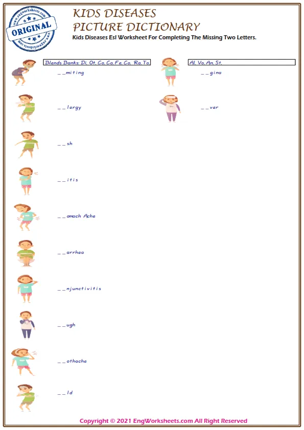 Kids Diseases Esl Worksheet For Completing The Missing Two Letters.