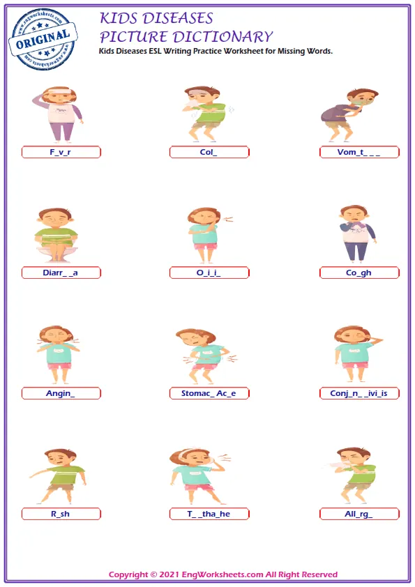 Kids Diseases ESL Writing Practice Worksheet for Missing Words.