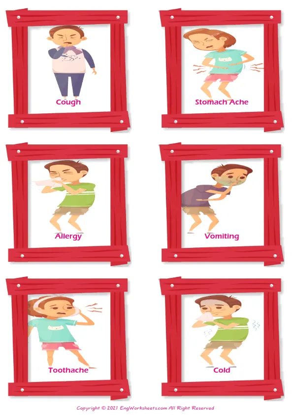 Kids Diseases vocabulary worksheet with words, six images per page