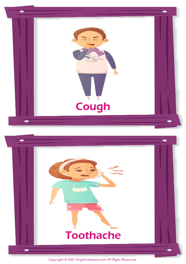 Kids Diseases vocabulary worksheet with words, two images per page