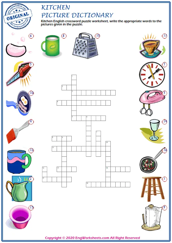 Kitchen English crossword puzzle worksheet, write the appropriate words to the pictures given in the puzzle. Worksheet Preview