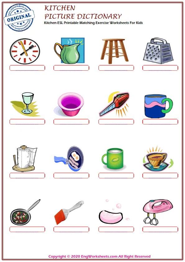 Kitchen ESL Printable Matching Exercise Worksheets For Kids
