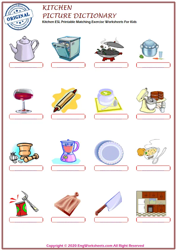 Kitchen ESL Printable Matching Exercise Worksheets For Kids Worksheet Preview