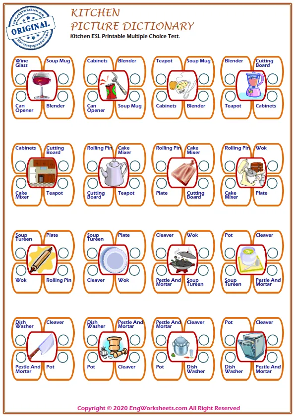 Kitchen ESL Printable Multiple Choice Test. Worksheet Preview