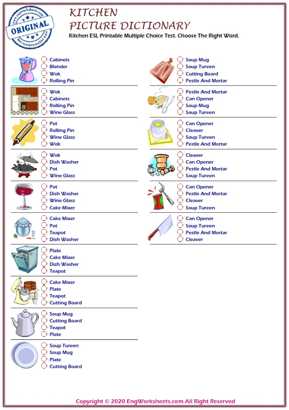 Kitchen ESL Printable Multiple Choice Test. Choose The Right Word. Worksheet Preview