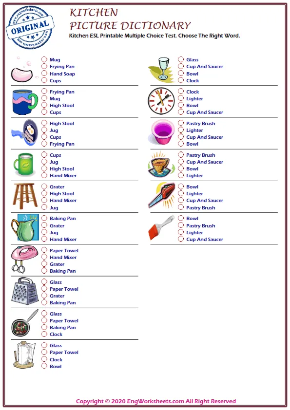 Kitchen ESL Printable Multiple Choice Test. Choose The Right Word.