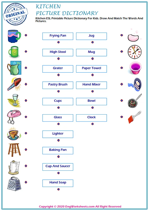 Kitchen ESL Printable Picture Dictionary For Kids. Draw And Match The Words And Pictures. Worksheet Preview