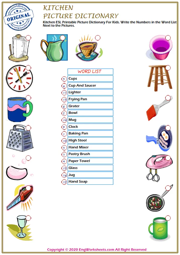 Kitchen ESL Printable Picture Dictionary For Kids. Write the Numbers in the Word List Next to the Pictures.