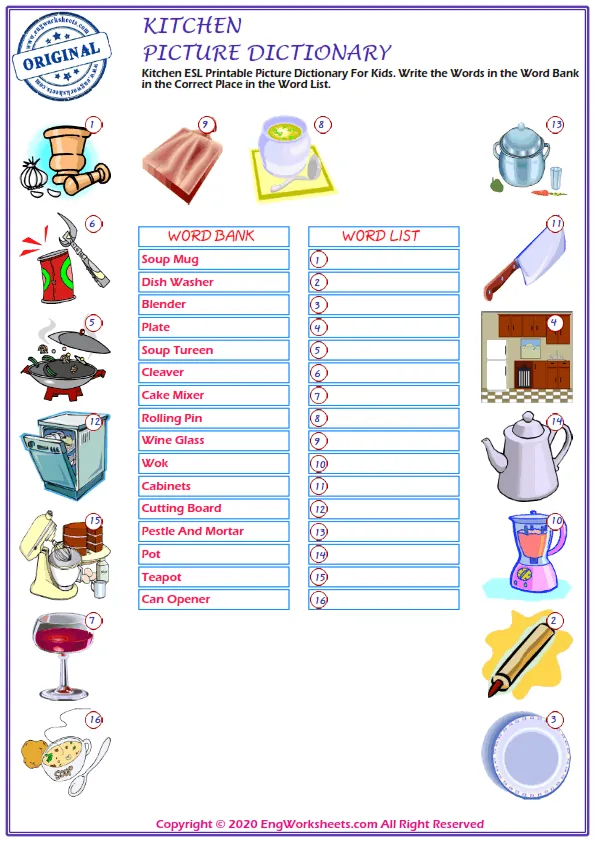 Kitchen ESL Printable Picture Dictionary For Kids. Write the Words in the Word Bank in the Correct Place in the Word List. Worksheet Preview