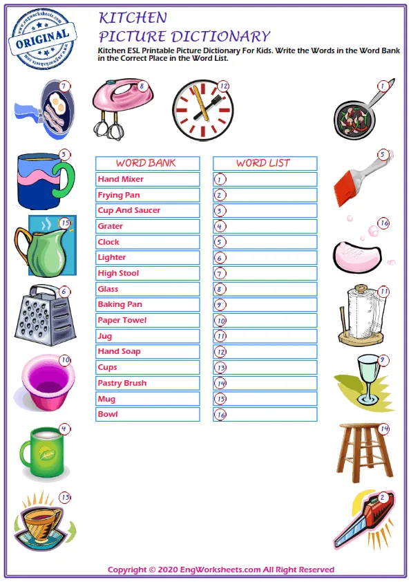 Kitchen ESL Printable Picture Dictionary For Kids. Write the Words in the Word Bank in the Correct Place in the Word List.