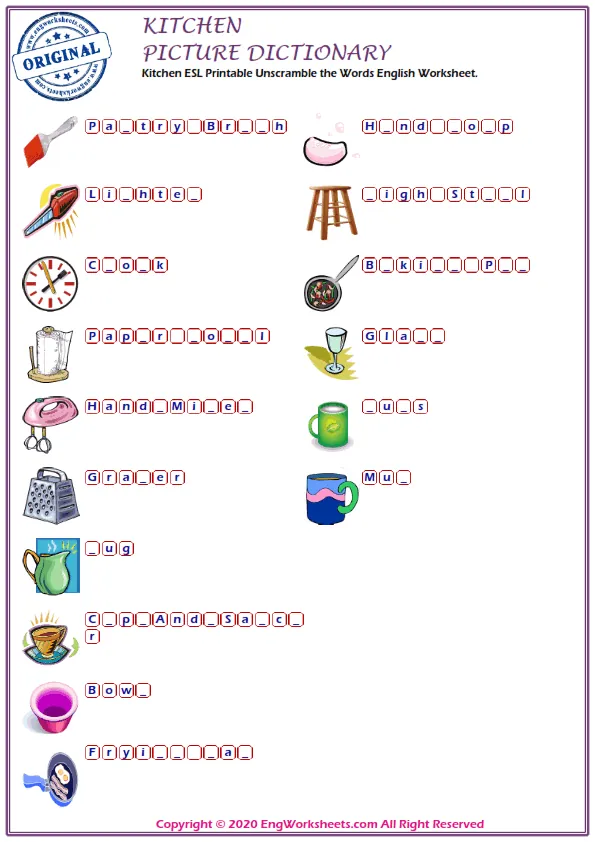 Kitchen ESL Printable Unscramble the Words English Worksheet.
