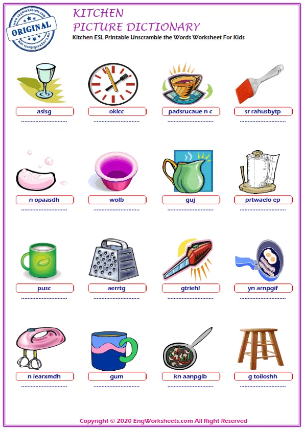 Kitchen ESL Printable Unscramble the Words Worksheet For Kids