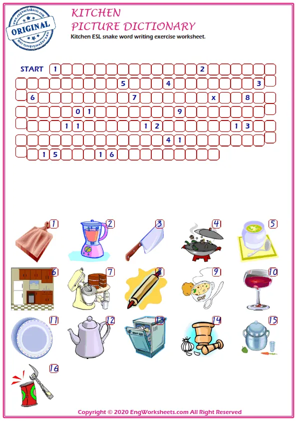 Kitchen ESL snake word writing exercise worksheet. Worksheet Preview