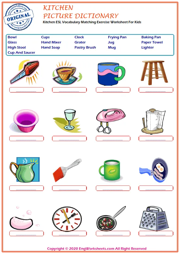 Kitchen ESL Vocabulary Matching Exercise Worksheet For Kids