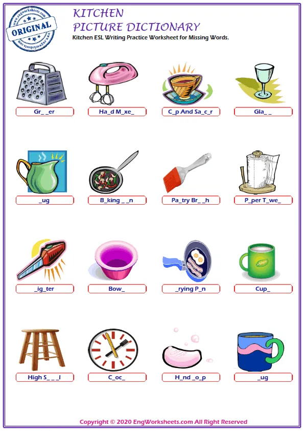 Kitchen ESL Writing Practice Worksheet for Missing Words.