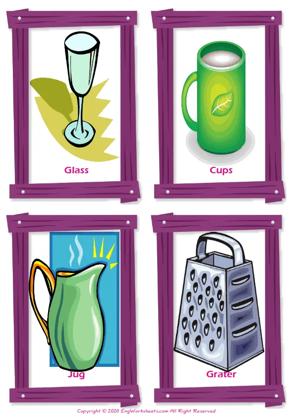 Kitchen vocabulary worksheet with words, four images per page Worksheet Preview