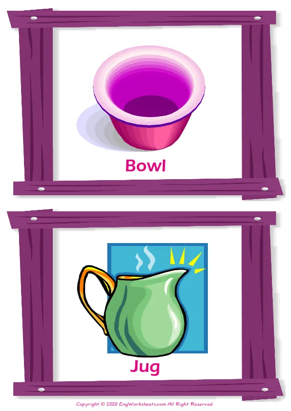 Kitchen vocabulary worksheet with words, two images per page Worksheet Preview