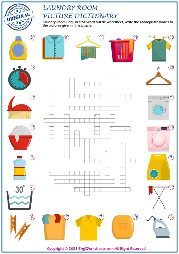 Wordless Laundry Room vocabulary worksheet with six images per page
