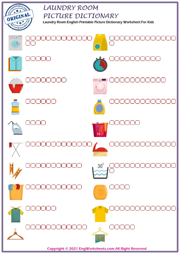 Laundry Room ESL Printable Picture Dictionary For Kids. Draw And Match The Words And Pictures.
