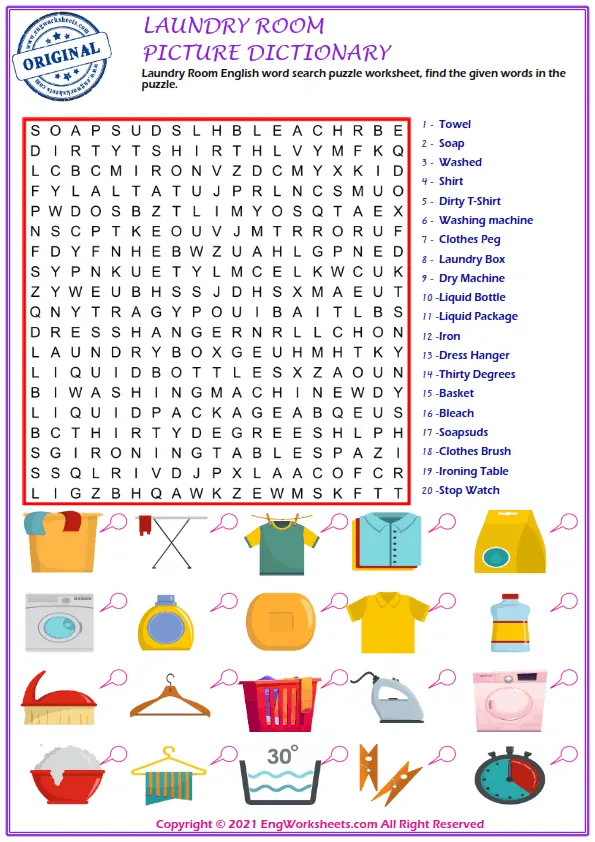 Wordless Laundry Room vocabulary worksheet with four images per page