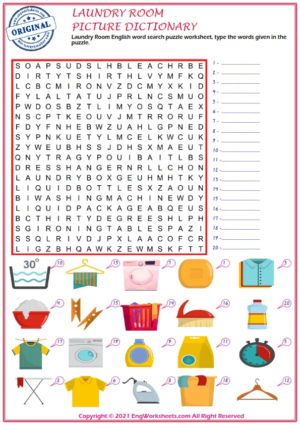 Laundry Room vocabulary worksheet with words, four images per page