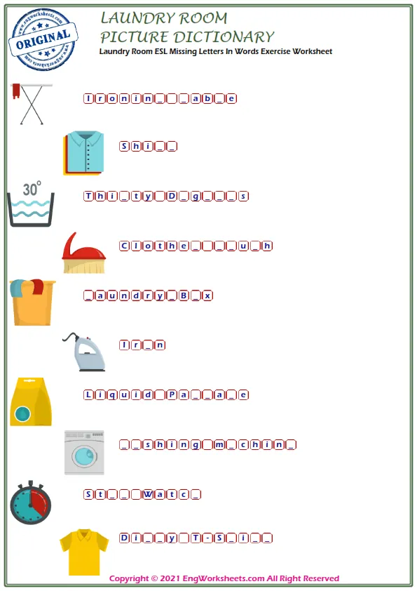 Laundry Room ESL Printable Multiple Choice Test. Write the Right Word in the Blank.