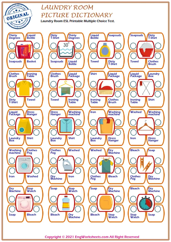 Laundry Room ESL Printable Multiple Choice Test. Choose The Right Word. Worksheet Preview