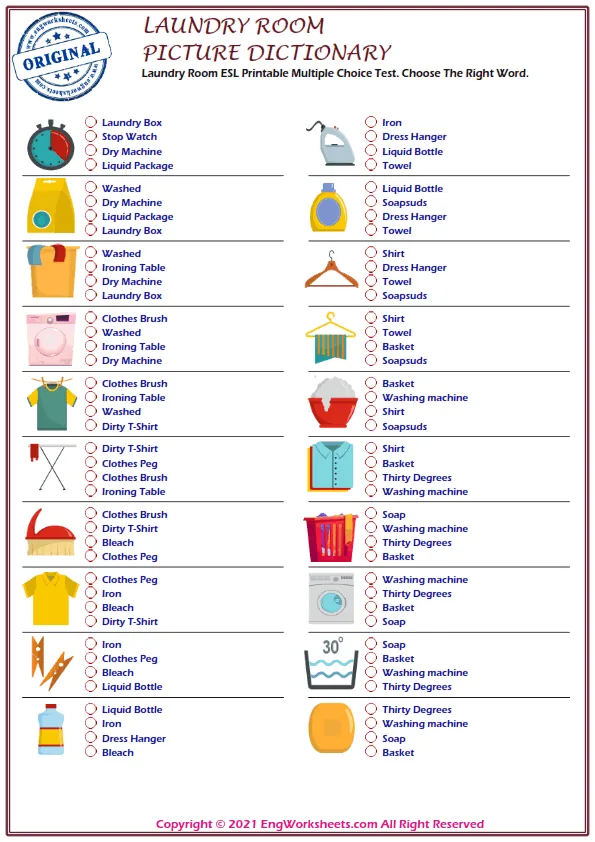 Laundry Room ESL Printable Picture Dictionary For Kids. Write the Words in the Word Bank in the Correct Place in the Word List. Worksheet Preview