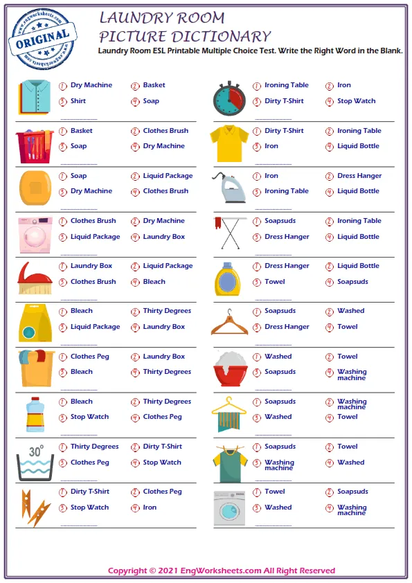 Laundry Room English word search puzzle worksheet, find the given words in the puzzle.