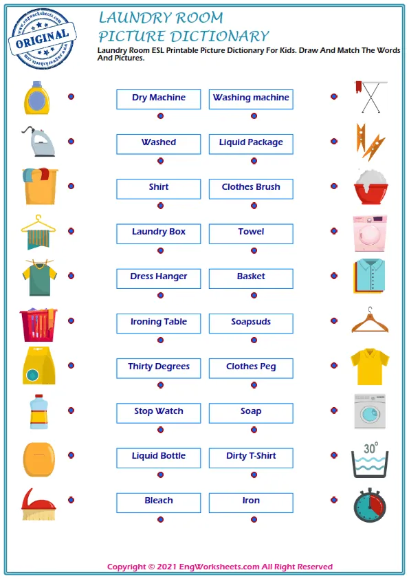 Full-page wordless Laundry Room English vocabulary worksheet