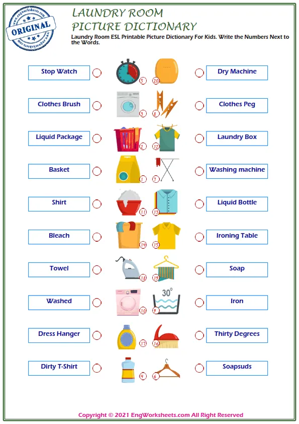 Laundry Room English crossword puzzle worksheet, write the appropriate words to the pictures given in the puzzle.