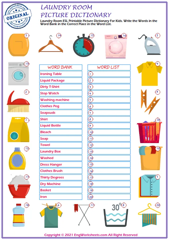 Laundry Room vocabulary worksheet with words, two images per page