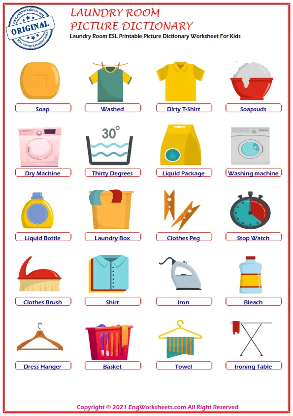 Laundry Room ESL Printable Matching Exercise Worksheets For Kids